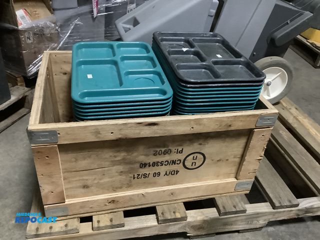 Lot 2-15673 - Crate of Black, Blue, and Green 14.5”x10” Plastic Divided Stackable Food Trays, Unknown Count