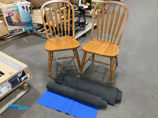 Lot 2-95659 - Lot of (4) 2 wooden chairs and 2 rolls of 2’ x 15’ Neoprene Floor Cover
