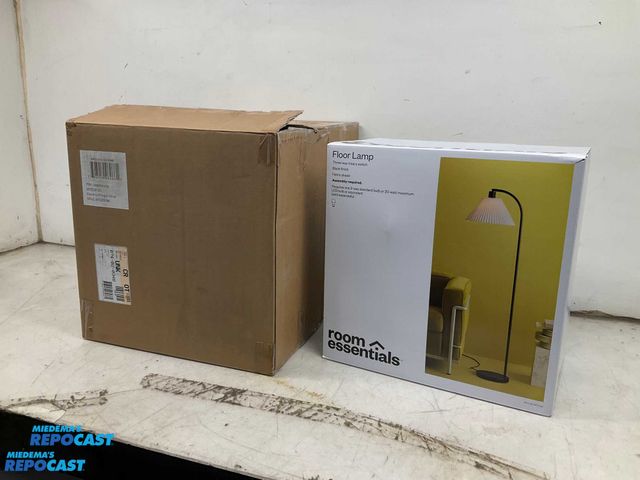 Lot 2-76213 - Lot of (6) Brand New Downbridge Room Essentials Pleated Floor Lamps Black, Modern Empire Shade