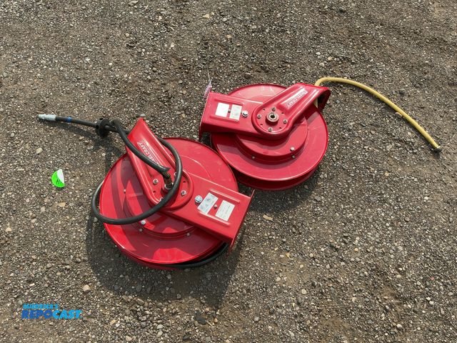 Lot 2-20431 - (2) Used Reelcraft Retractable Hose Reels, one has garden style hose and other has Gates 1/2" hose