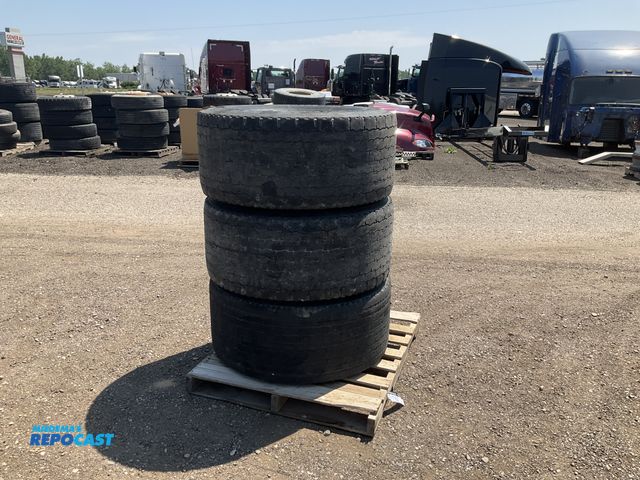 Lot 2-11162 - (3) 455/55R22.5 super single tires on aluminum wheels, used