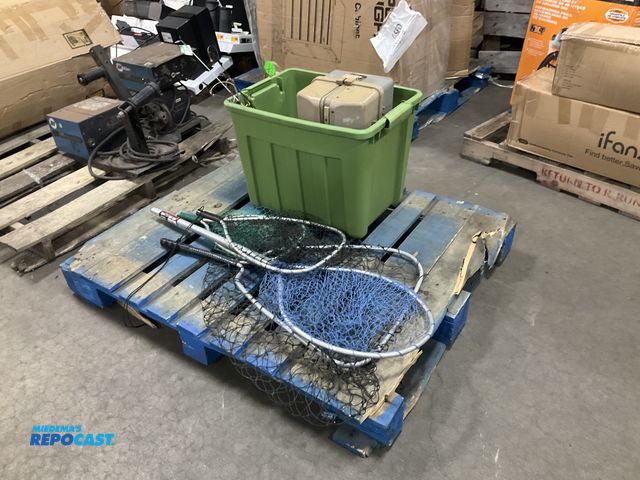 Lot 2-69125 - Skid Lot of Various Ice Fishing Equipment, includes fishing nets, rods, tackle box, etc.
