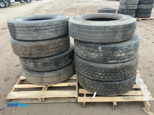 Lot 2-11006 - (8) Assorted Used Low Profile 22.5 Semi Tires, sizes include 295/75R22.5 and 275/80R22.5, one has fl...