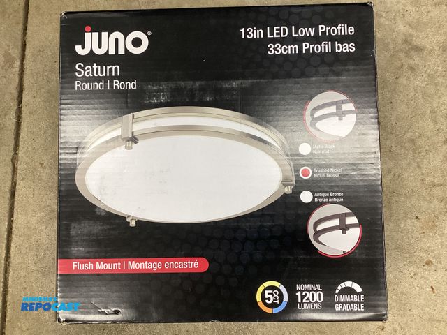 Lot 2-69877 - New JUNO Saturn round 13” LED Low Profile flush mount ceiling light. Brushed Nickel. 1200 lm, dimmab...