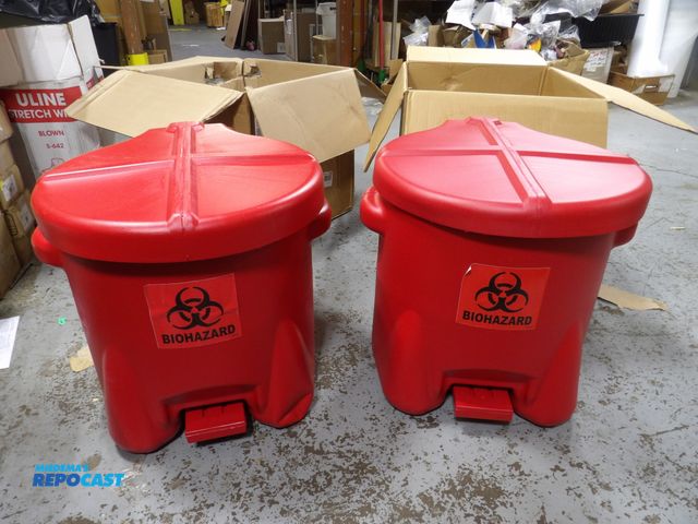 Lot 2-51060 - lot of 2 biohazards waste cans, 10 gallon each, 18"h x 22"w x 18"l, foot operated lid with self clos...
