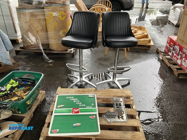Lot 2-64087 - (2) Leather backrest Bar Chairs, a 7-Up Letter Sign, and a Metal “Ice Cold Beer Served Here” Sign