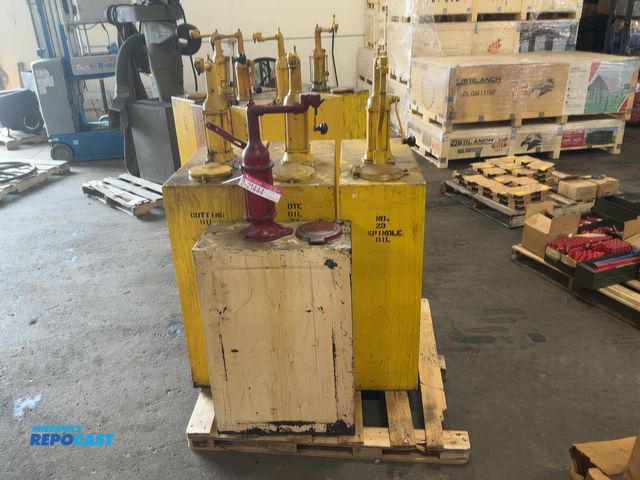 Lot 2-21444 - (4) Oil Tanks with Hand Crank Pumps, three tanks are approx. 13"x29"x38" tall, and one tank is appro...
