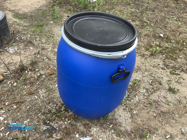 Lot 2-99960 - 25gal. blue plastic barrel w/ removable lid and locking ring - clean inside, contained a food produc...