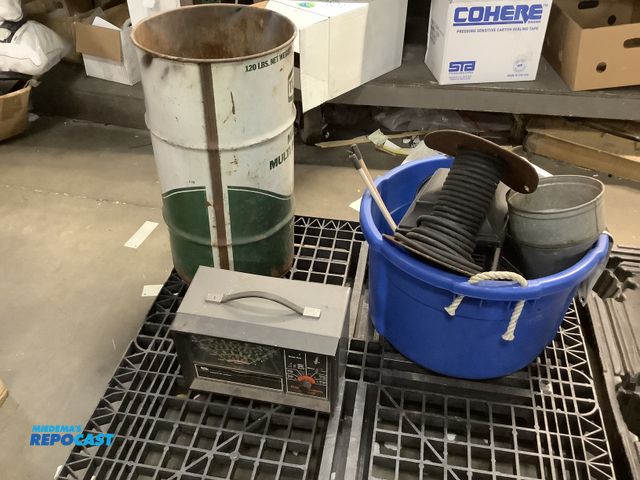 Lot 2-33048 - Skid lot of miscellaneous items including: metal spool of wire, heavy duty funnel, Texaco storage co...