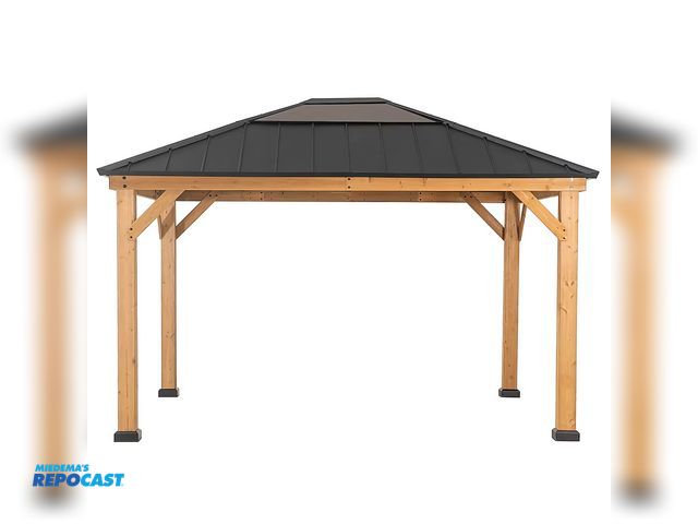 Lot 2-15335 - Sunjoy 11-ft x 13-ft Brown Gazebo with Hardtop Roof Model #A102005801