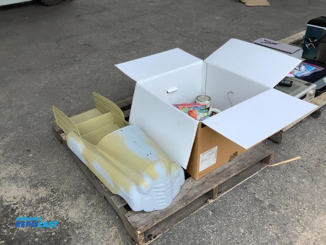 Lot 2-27609 - Skid lot of miscellaneous items including a blue/green peddle car (needs repair) and a box of parts,...