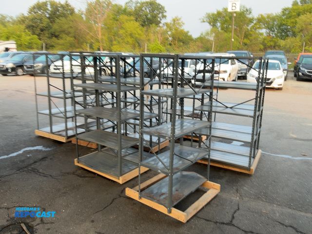 Lot 2-18262 - Lot of (9) 67”x36”x18” metal shelving units on wood carts (on 5 total carts), and (4) 68.5”x30”x12” ...