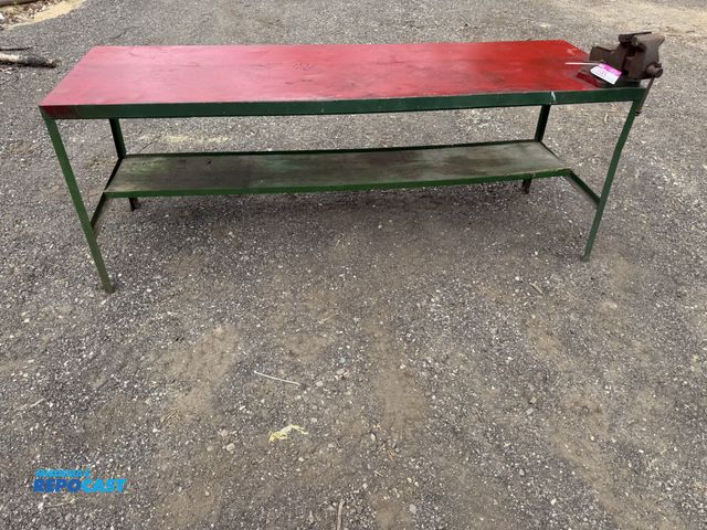 Lot 2-25585 - 8' HEAVY DUTY STEEL WORK BENCH WITH VISE. STEEL FRAME, STEEL TOP &amp; PLYWOOD UNDER SHELF COMES WIT...