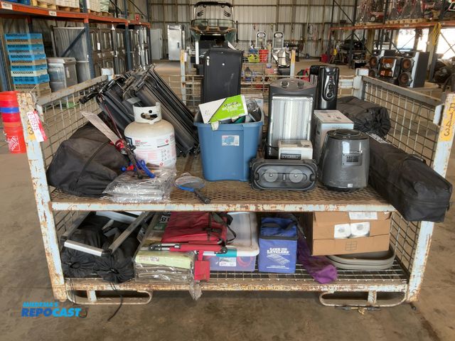 Lot 2-70575 - Large Crate of Miscellaneous Camping/Camper Items from Storage. (2) Canopy Tents, Folding Chairs, Sp...