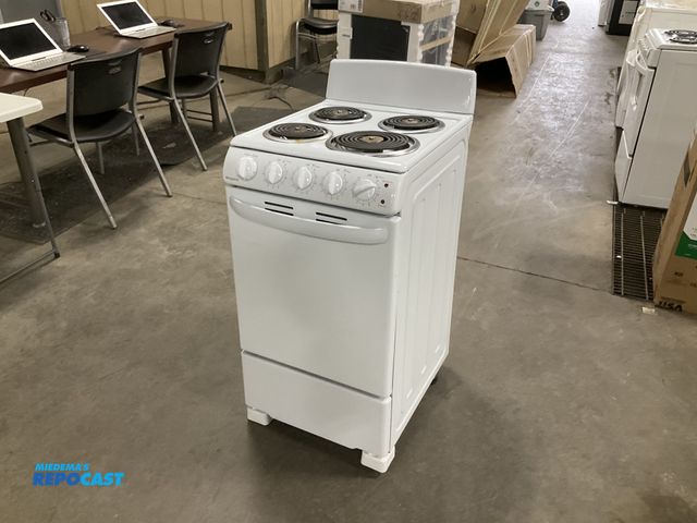 Lot 2-92385 - Hot point White 4 burner electric gas stove approx. 19.5” x 23” x 42” - large dent in side and missi...