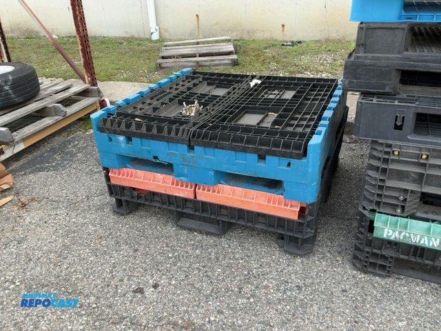 Lot 2-69430 - (2) plastic foldable crates (one blue/black and one orange/black)