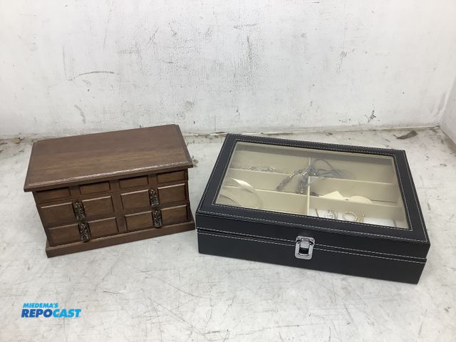 Lot 2-73403 - (2) jewelry boxes (sizes: 9.5”x5”x5.5”H and 13.25”x9.5”x3.5”H), and various jewelry Includimg bracel...
