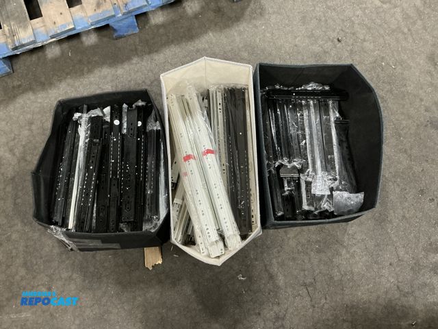 Lot 2-35790 - Bin of metal drawer roller slides &amp; (2) bins with black sliding roller drawer mounts