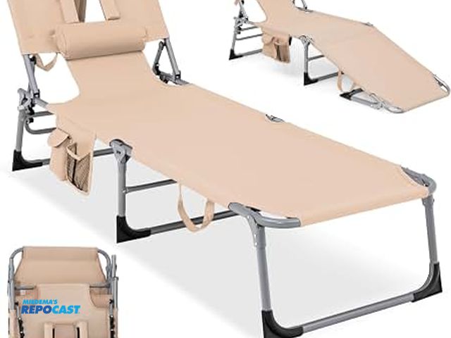 Lot 2-27121 - GYMAX Tanning Chair, Folding Lounge Chairs with Face Hole &amp; Cover, Removable Pillow Carry Handle...
