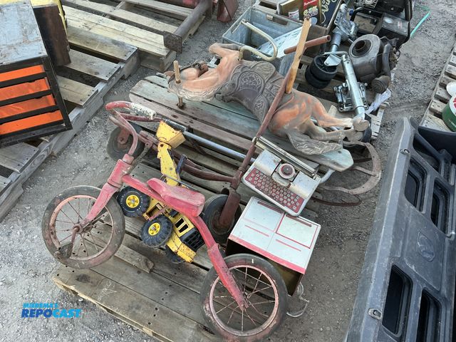 Lot 2-69011 - vintage toys: Tonka loader vintage scooter vintage wooden sled vintage 2 wheel bike toy typewriter v...