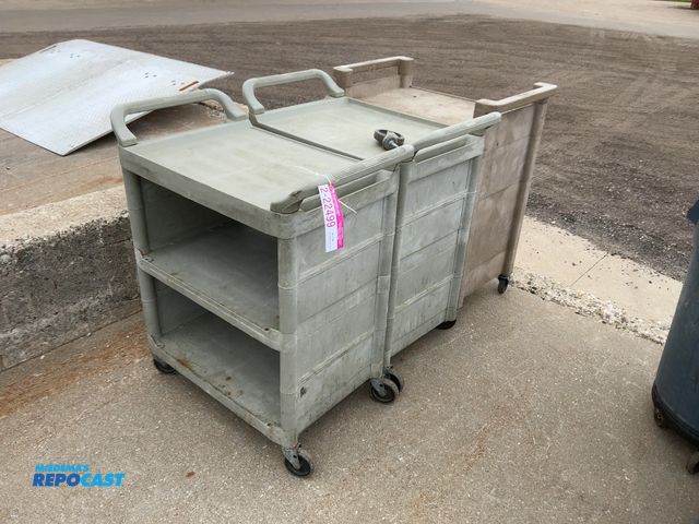 Lot 2-22831 - (3) Used Rubbermaid 3-tier Plastic Carts on Casters, one has loose caster, two approx. 28”x18-1/2”x3...