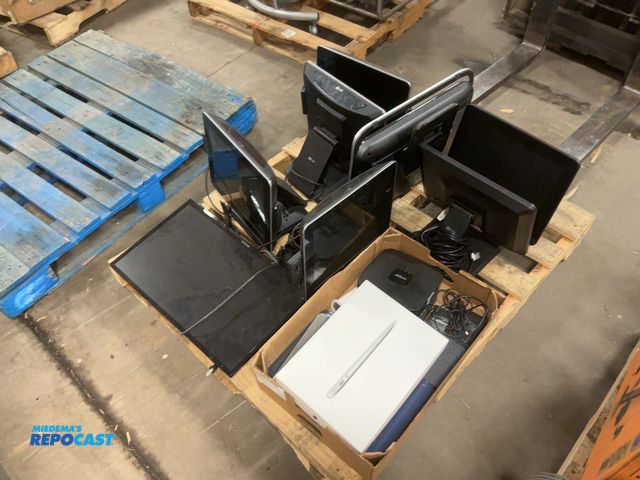 Lot 2-92360 - Skid of computers, mackbook air case, network recorders, NEC POS systems, Monitors, etc.