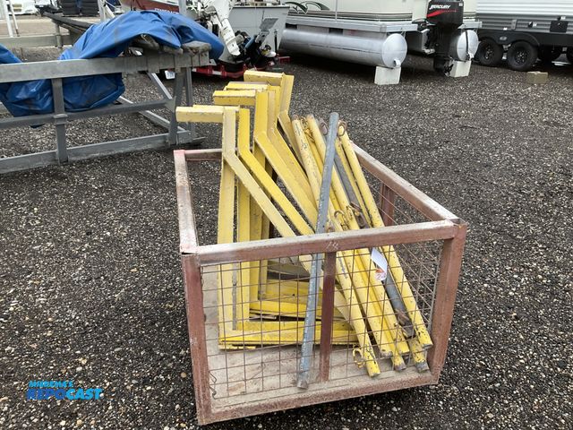 Lot 2-40705 - Metal crate with (8) 37”L safety railing outriggers with removable posts, crate is 44-1/2” x 37-1/2”...