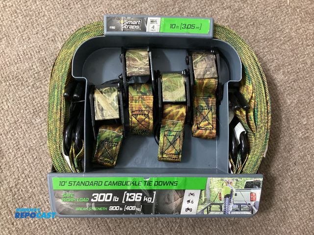 Lot 2-92900 - New 4 pack of 10 foot standard cam buckle Smart Strap tie downs. Camouflage, 300lb safe work load, 9...