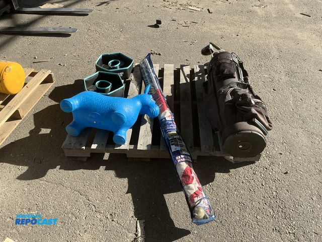 Lot 2-55606 - Skid lot of assorted items including: a washer toss game, bouncy animal set of golf clubs and a RV f...