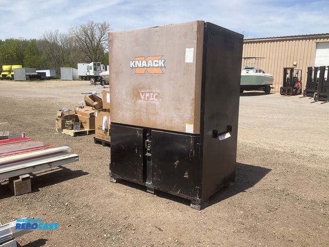 Lot 2-43460 - Knaack storage box 60”W x 42” x 83”T, flip top cabinet door, two bottom swing cabinet doors, top cab...