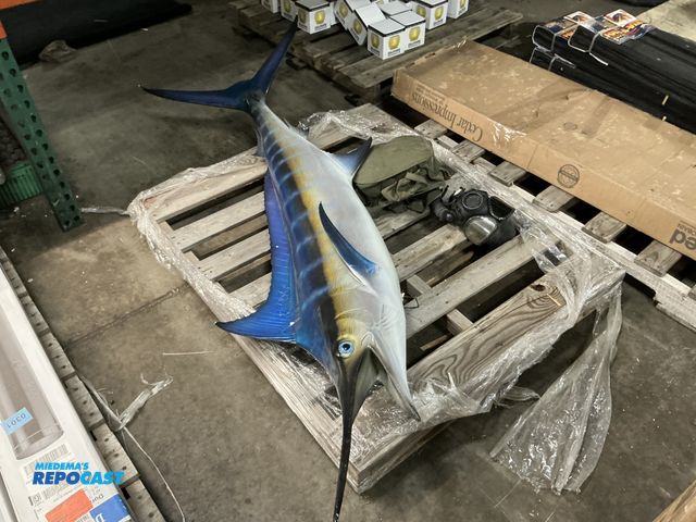 Lot 2-93525 - Lot of a big fish for wall decor, and military gas mask.