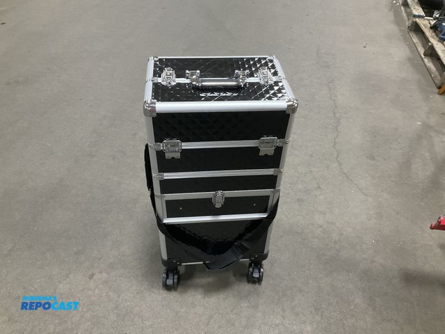 Lot 2-67610 - rolling makeup storage suitcase, many compartments, size: 14”x9.5”x28”