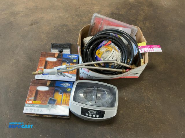 Lot 2-20339 - Lot of Assorted Items including Central Machinery Ultrasonic Cleaner, (2) Bunker Hill LED Solar Powe...