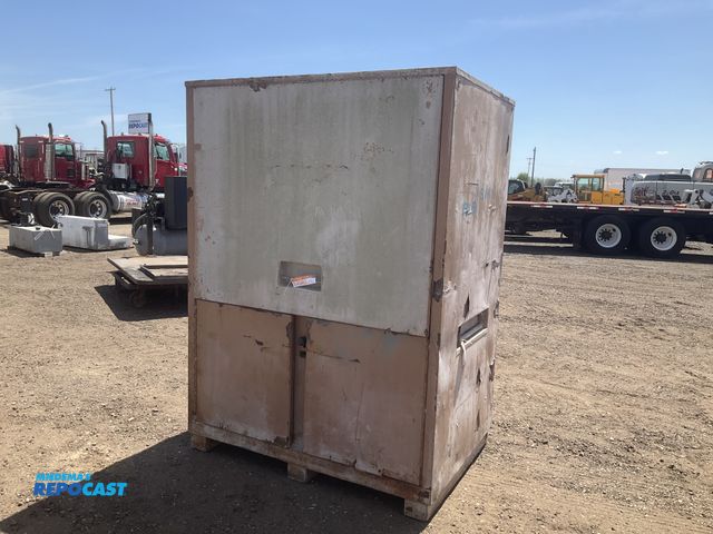 Lot 2-43462 - Knaack storage box 60”W x 42” x 83”T, flip top cabinet door, two bottom swing cabinet doors, top cab...