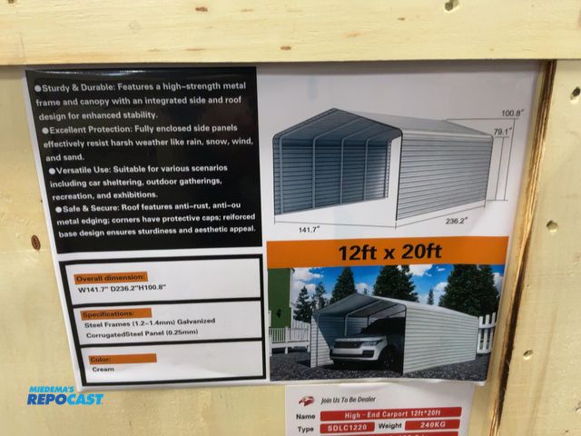 Lot 2-41135 - New SDLANCH 12’x20’ Carport with Enclosed Sidewalls, Cream Color, 141.7” wide x 236.2” deep x 100.8”...