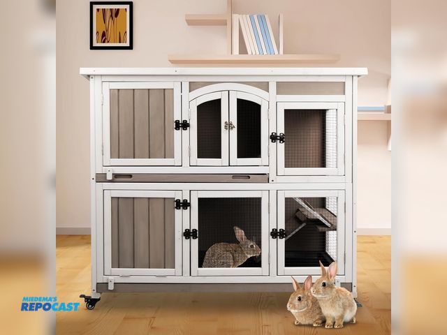 Lot 2-67048 - New Pet33 item# EF202505 GREYWHITE wood pet house. 2-unit animal hutch on wheels (similar to item sh...