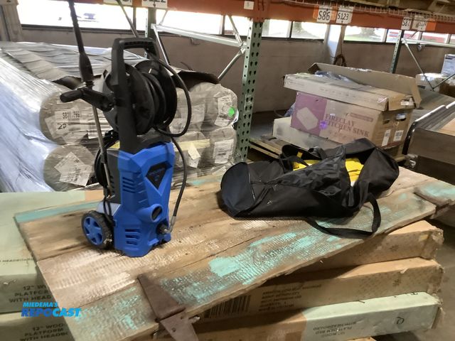 Lot 2-27703 - Barn door partly painted turquoise whole sun pressure washer and a pickleball set-polls, nets, balls...