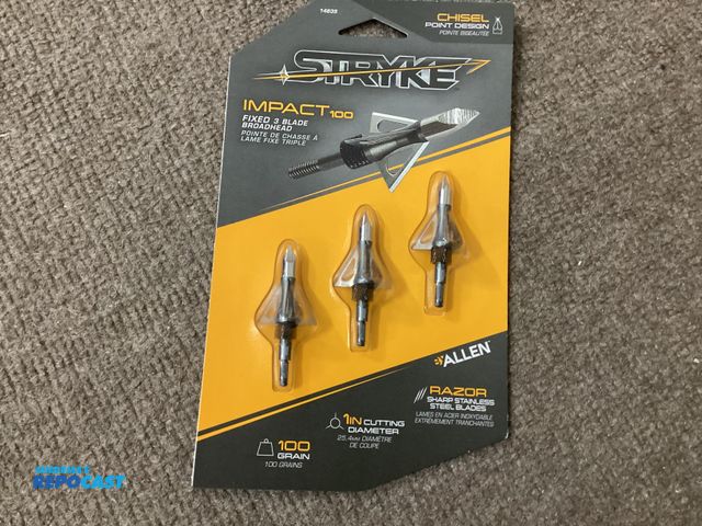 Lot 2-91230 - New STRYKE Impact 100 fixed 3 blade broadheads. Package of 3. By ALLEN. 1 inch cutting diameter, raz...