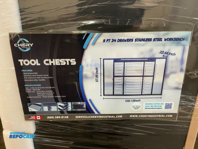 Lot 2-44239 - New Chery Industrial 8'6" 34-Drawer Steel Tool Chest, Stainless Steel Drawer Fronts/Doors, Full-Exte...