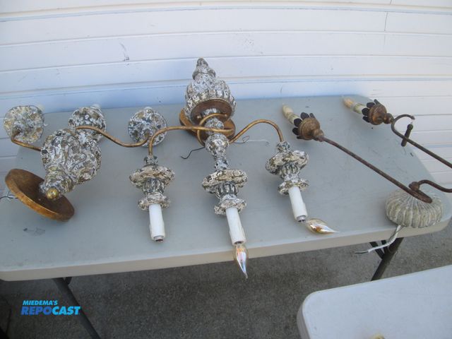 Lot 2-56965 - Lot of (5) Vintage Light Fixtures - (3) 2-lights, (2) 3-lights24" tall wall sconces - metal &amp; wo...