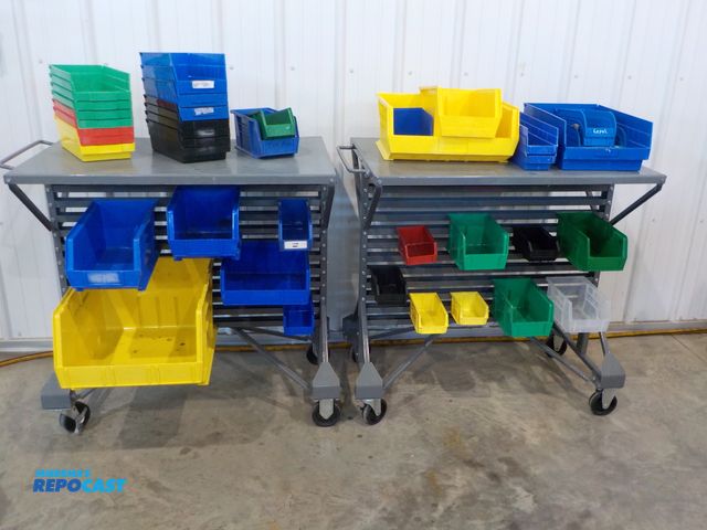 Lot 2-34069 - (2) Akro-Mils portable bin racks. Locking castors. Assorted bins. 24"w x 36"d x 37"h