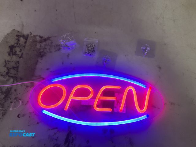 Lot 2-60957 - New 13.5” wide x 6” high LED “OPEN” sign with hand control and suction cup mount.