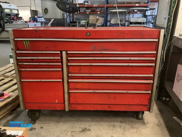 Lot 2-17010 - Metal Red metal 12-drawer Storage tool chest on wheels - includes (2) keys - approx. 54” wide of 23”...