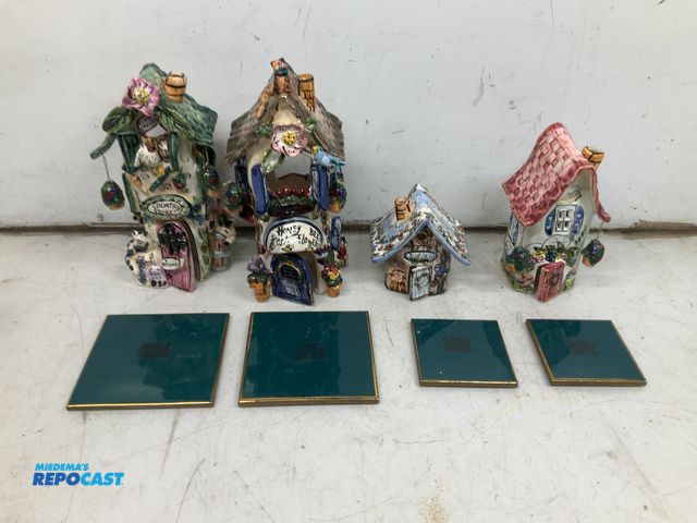 Lot 2-18777 - Lot of (4) Blue Sky Clayworks Porcelain Tea House figures with ceramic stands for tea lights