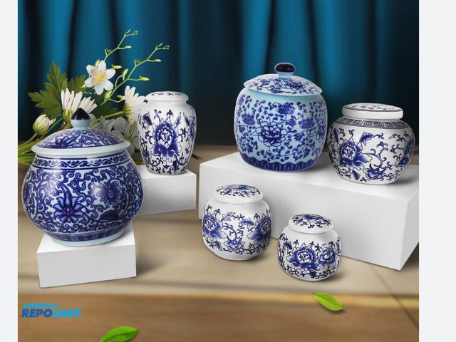 Lot 2-74521 - RMERVE set of (6) small blue accent shelf table-top Vases