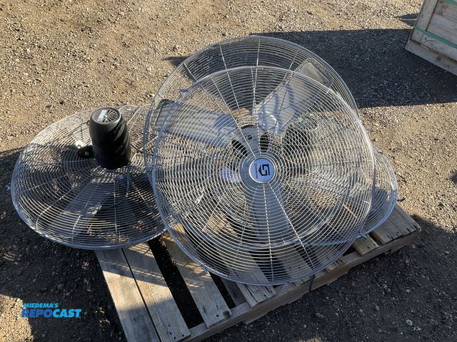 Lot 2-40653 - Lot of (3) 30" Pedestal Pan Heads, 120 volt, shrouds slight bent, cord cut, condition unknown
