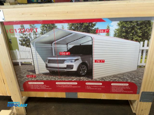 Lot 2-41414 - New SDLANCH 12’x20’ Carport with Enclosed Sidewalls, Cream Color, 141.7” wide x 236.2” deep x 100.8”...