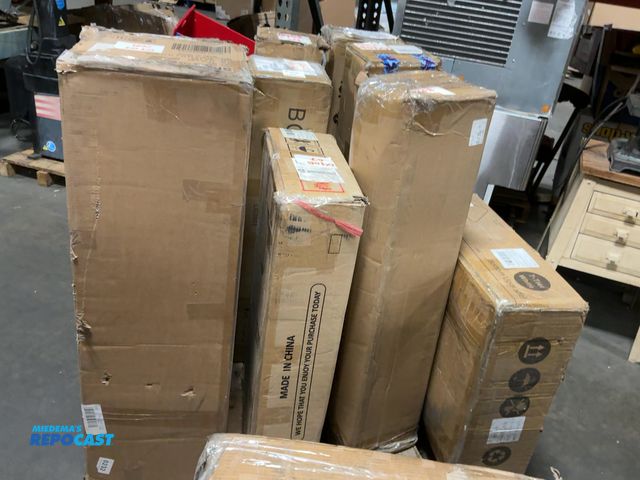Lot 2-96038 - Skid lot of items including 360 degree rotation shoe rack, (2) 75” x 54” x 5” box spring, 80” x 76” ...