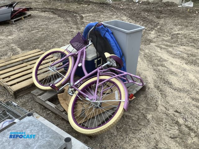 Lot 2-74482 - Lot of one huffy perfect fit frame purple bicycle, a grey plastic trash can, a circular swing, a Col...