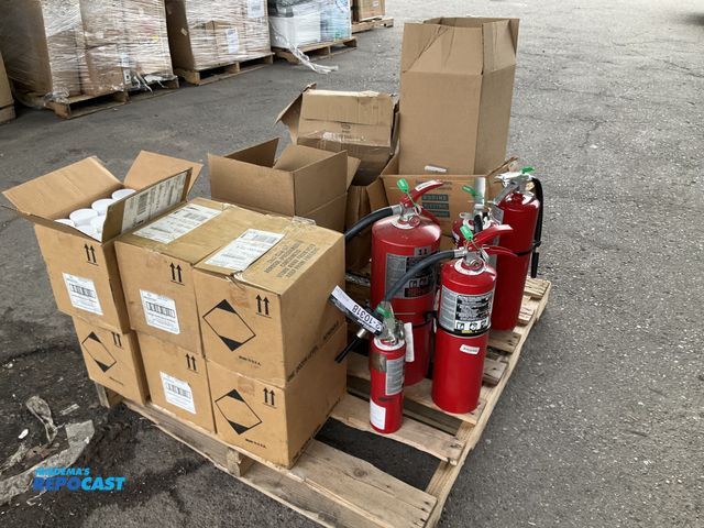 Lot 2-10318 - Skid lot of 6 fire extinguishers 72 aerosol cans of disinfectant a box of wheel casters and some sta...